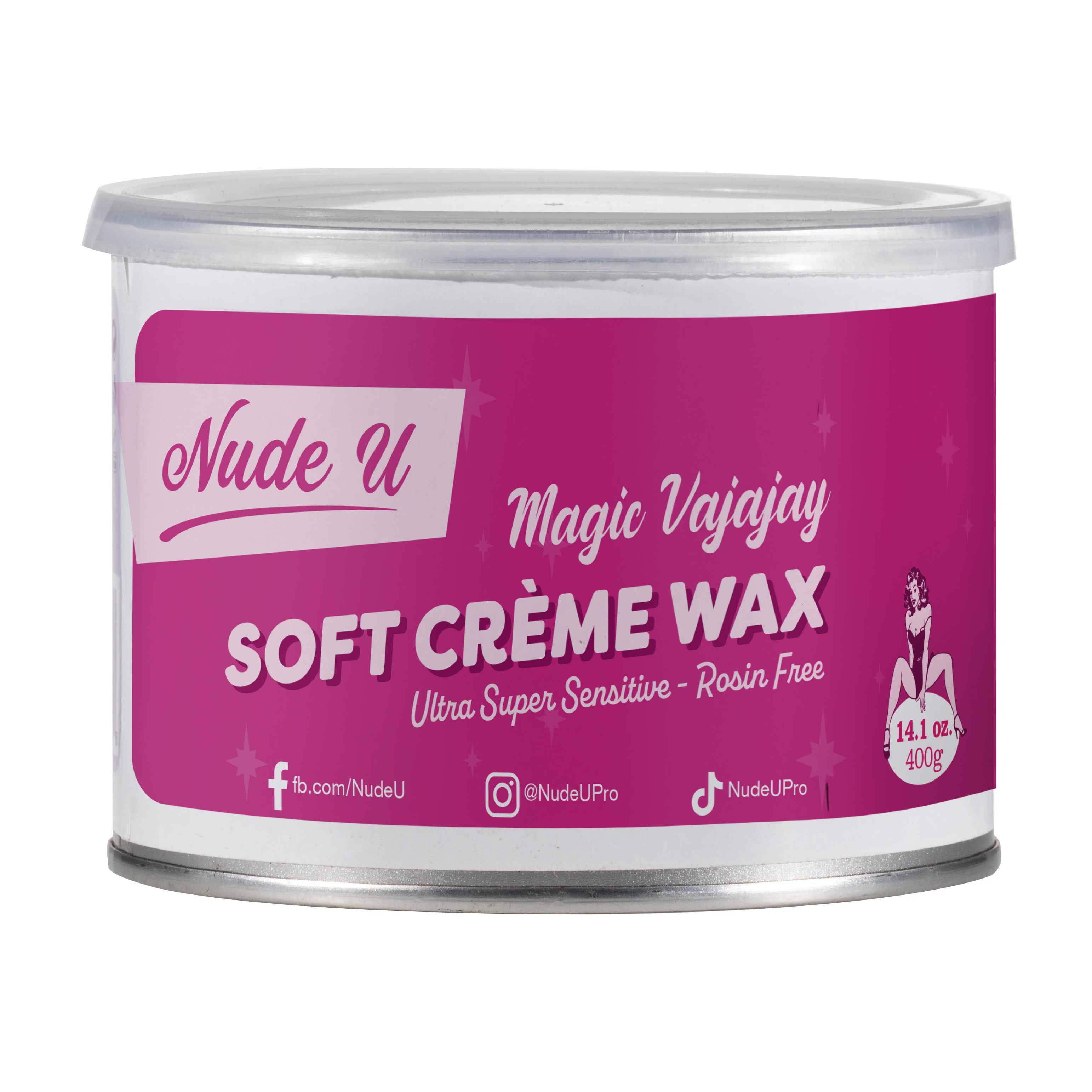 Main image of the 14.1 ounce can of NudeU Magic Vajayjay Ultra Super Sensitive Rosin-Free Soft Creme Wax. 