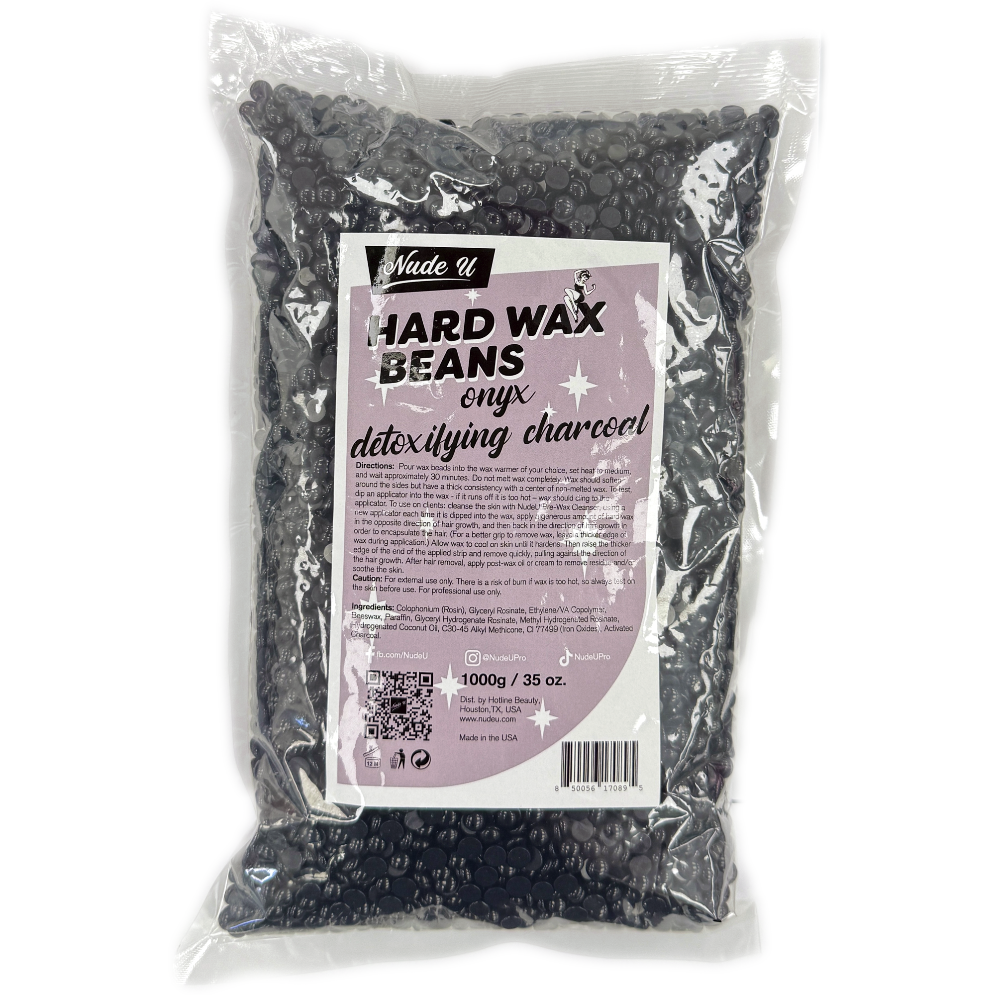 Image of the 1000-gram bag of NudeU Onyx Detoxifying Charcoal Hard Wax Beans. 