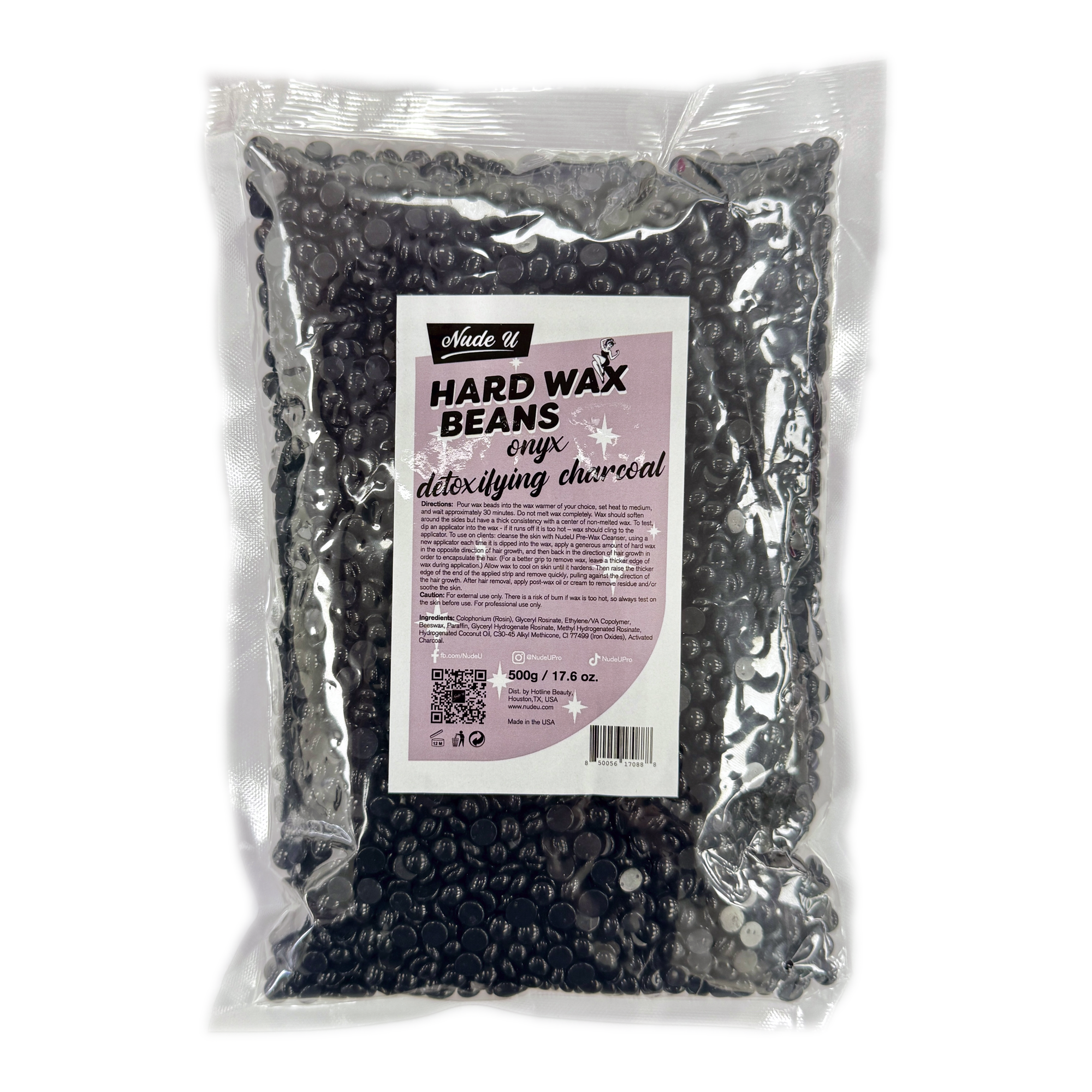 Image of the 500-gram bag of NudeU Onyx Detoxifying Charcoal Hard Wax Beans. 